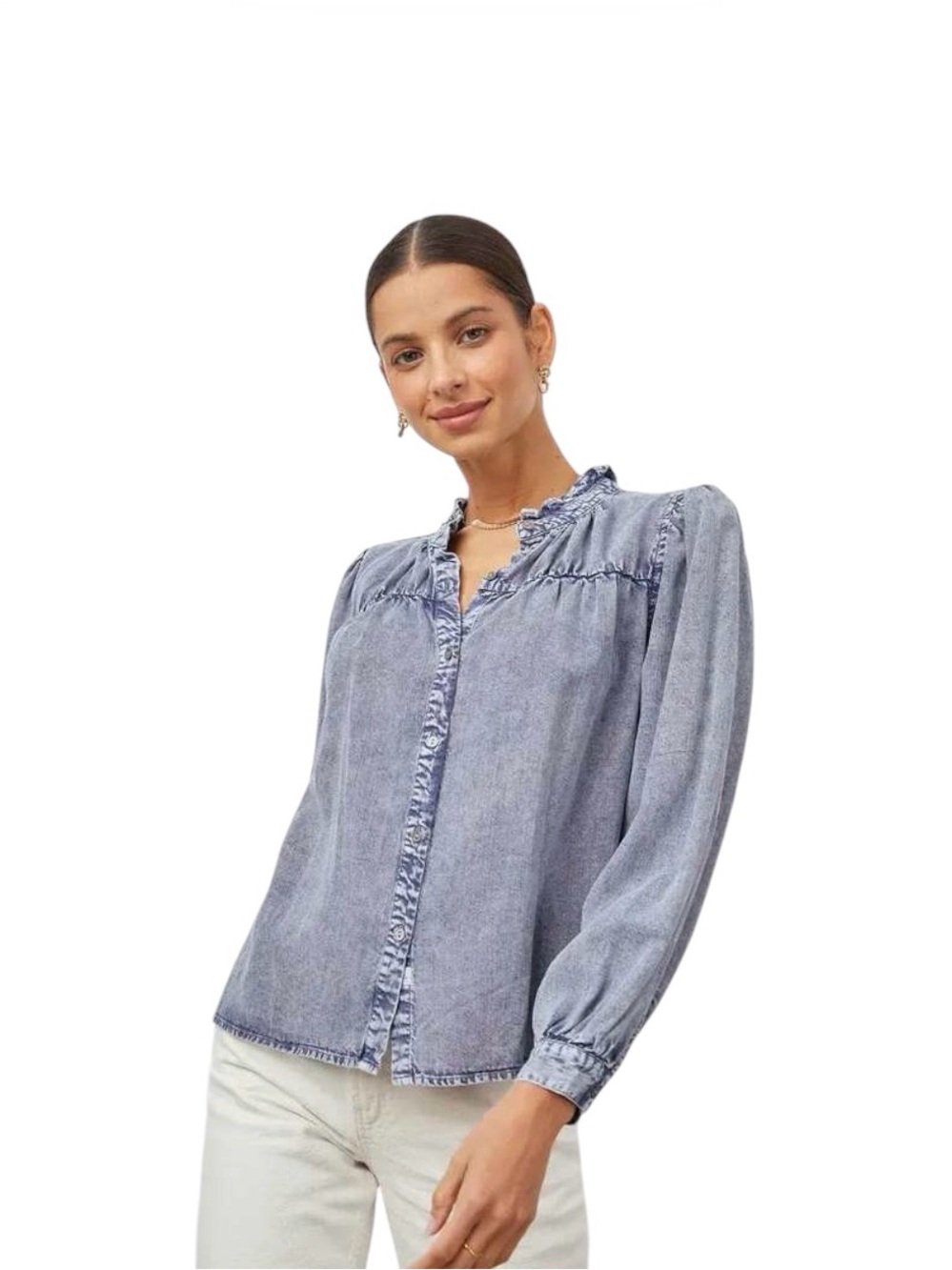 Rails Camille Blouse XS Sapphire Acid Wash Tencel Linen Ruffle Collar Top